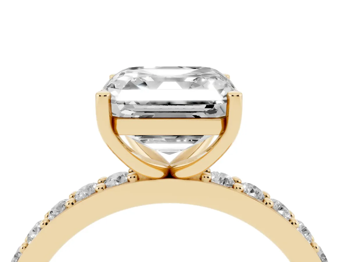 Asscher Cut Cut Diamond Solitaire with Pave Band and Four-Prong Setting Yellow gold