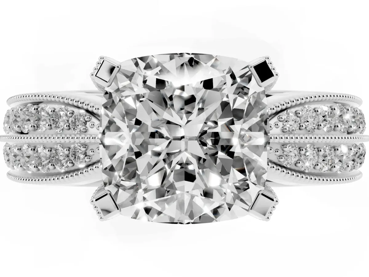 Cushion Cut Diamond Solitaire Ring with Milgrain Round Pavé Band and Prong Setting Silver