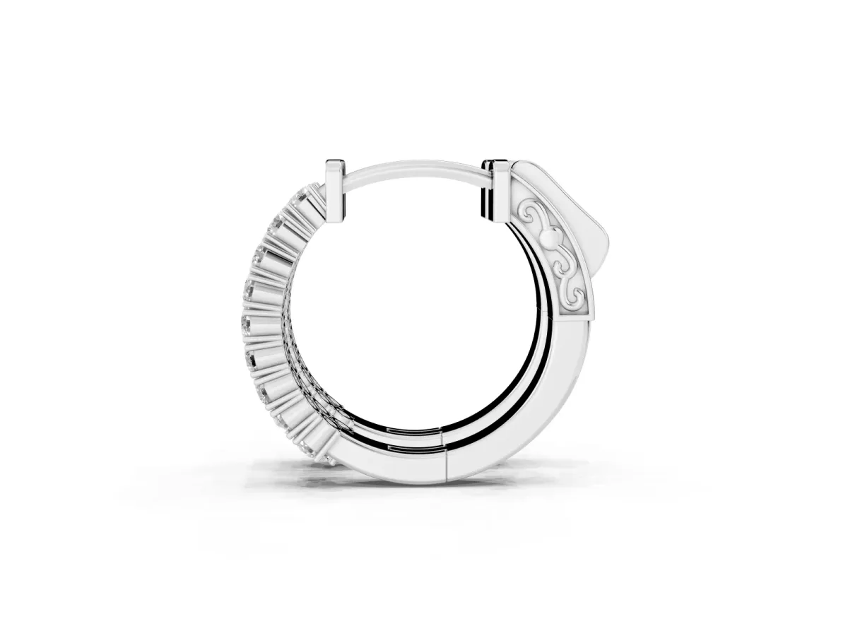 Pave Round Diamond Hoop Earrings with Channel Band and Shared Prong Setting Silver