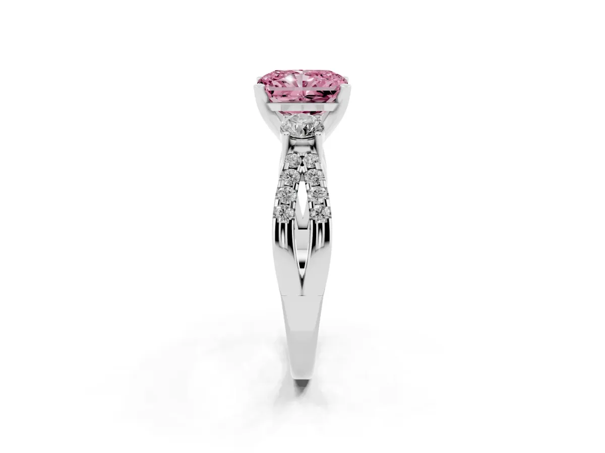Fancy Pink Radiant Cut Diamond Three-Stone Ring with Pavé Split Shank and Four-Prong Setting Silver