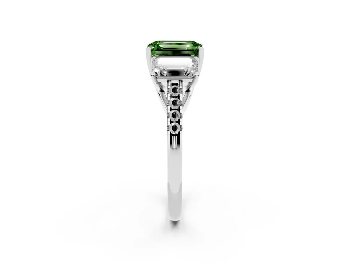 Fancy Green Three-Stone Emerald Cut Diamond Ring with Round Pavé Band and Prong Setting Silver