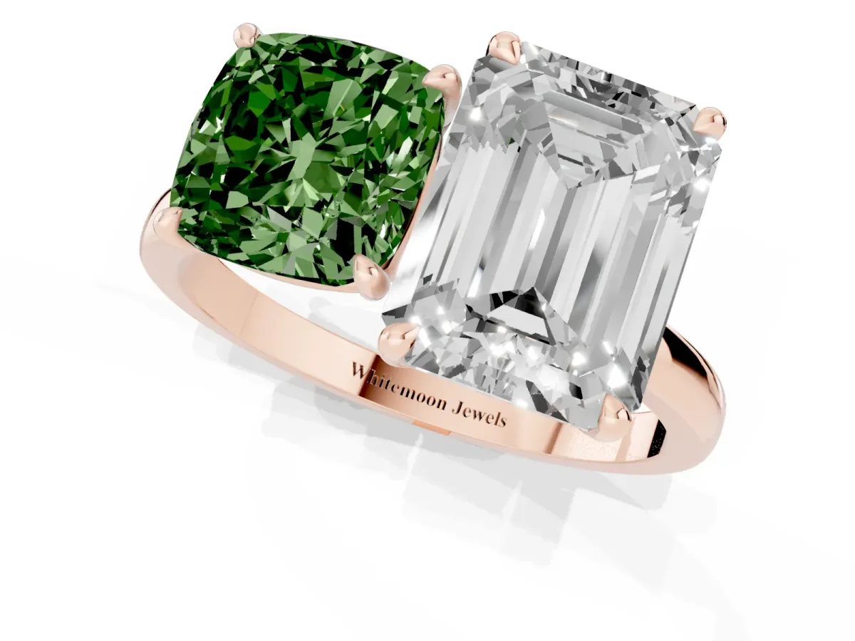 Fancy Green Cushion Cut and Emerald Cut Toi Moi Ring with Prong Setting Rose gold