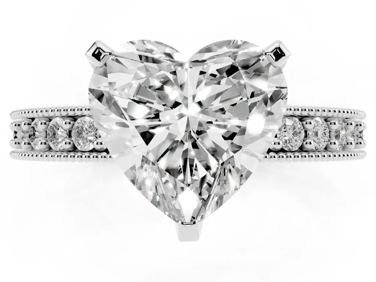 Heart Cut Diamond Milgrain Pavé Engagement Ring with Four-Prong Setting Platinum