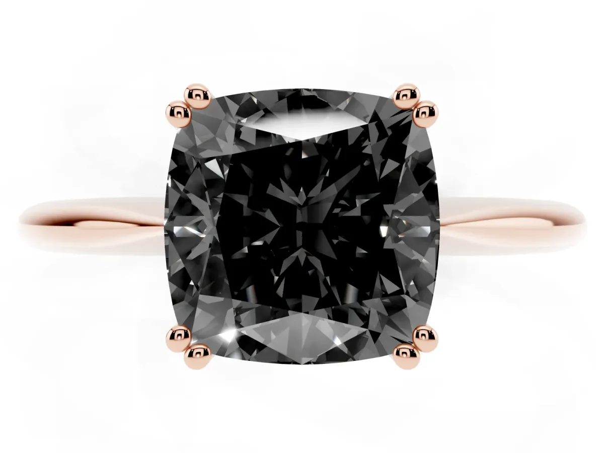 Fancy Black Cushion Cut Solitaire Diamond Ring with Six-Prong Setting and Classic Band Rose gold