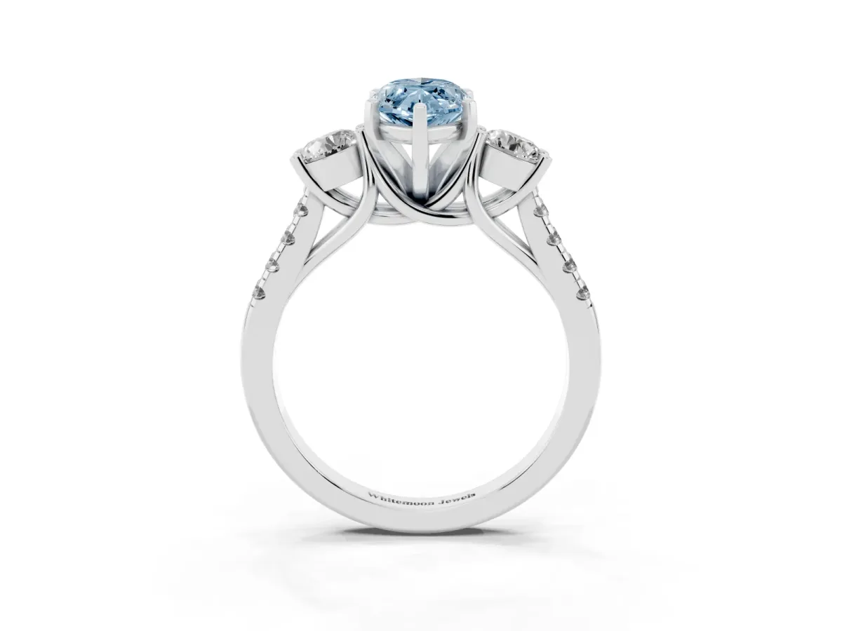 Fancy Blue Three-Stone Marquise Cut Diamond Pavé Band with Four-Prong Setting Silver