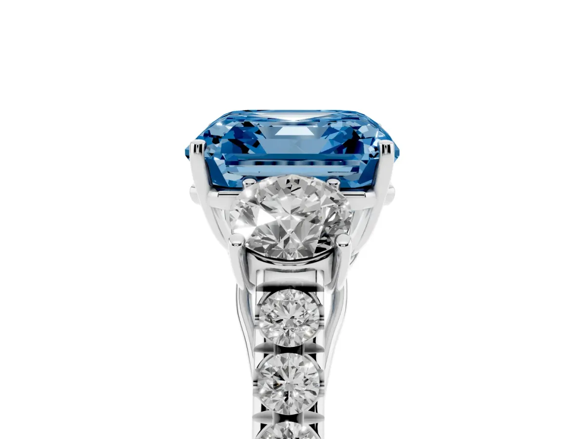 Fancy Blue Asscher Cut Cut Diamond Three-Stone Ring with Round Side Stones and Pavé Band White gold
