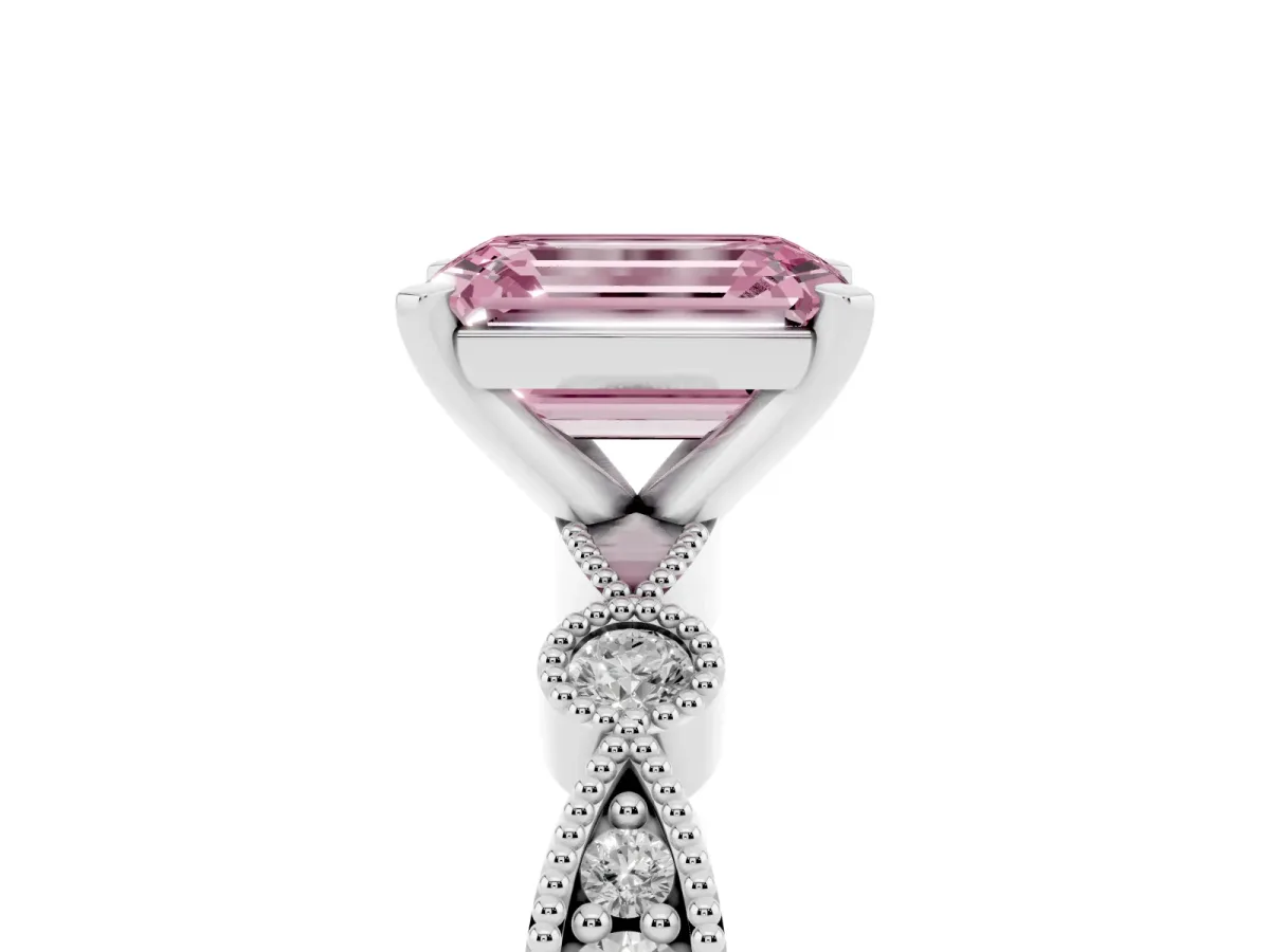 Fancy Pink Emerald Cut Milgrain Bezel Diamond Engagement Ring with Solitaire Prong Setting Silver