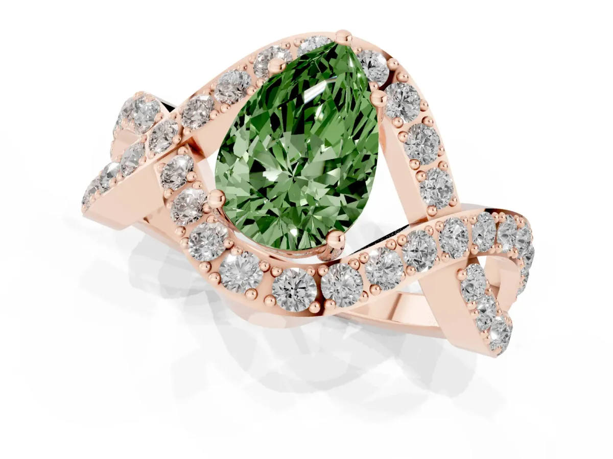 Fancy Green Pear Cut Solitaire Twist Band Pavé Diamond Engagement Ring Rose gold