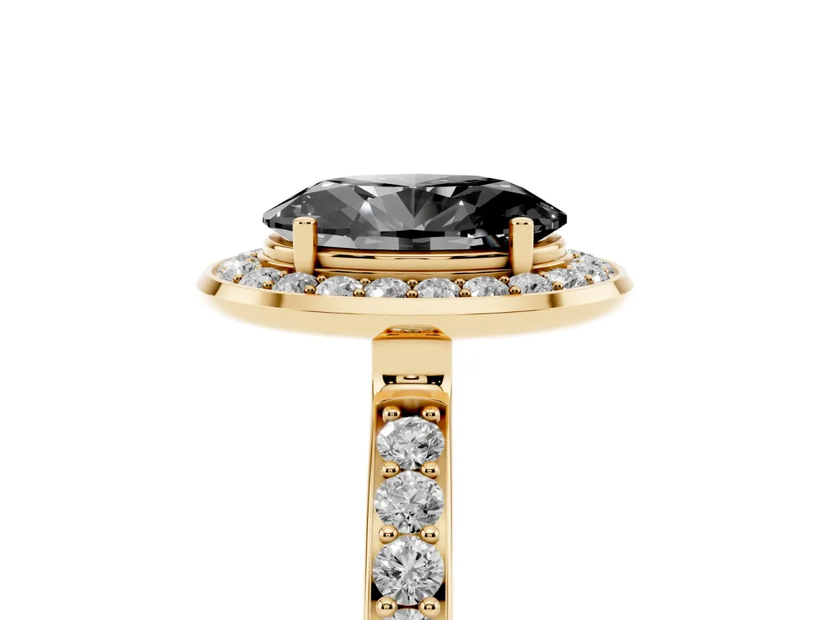 Fancy Black Oval Cut Diamond Halo Ring with Bezel Frame and Pavé Band Yellow gold