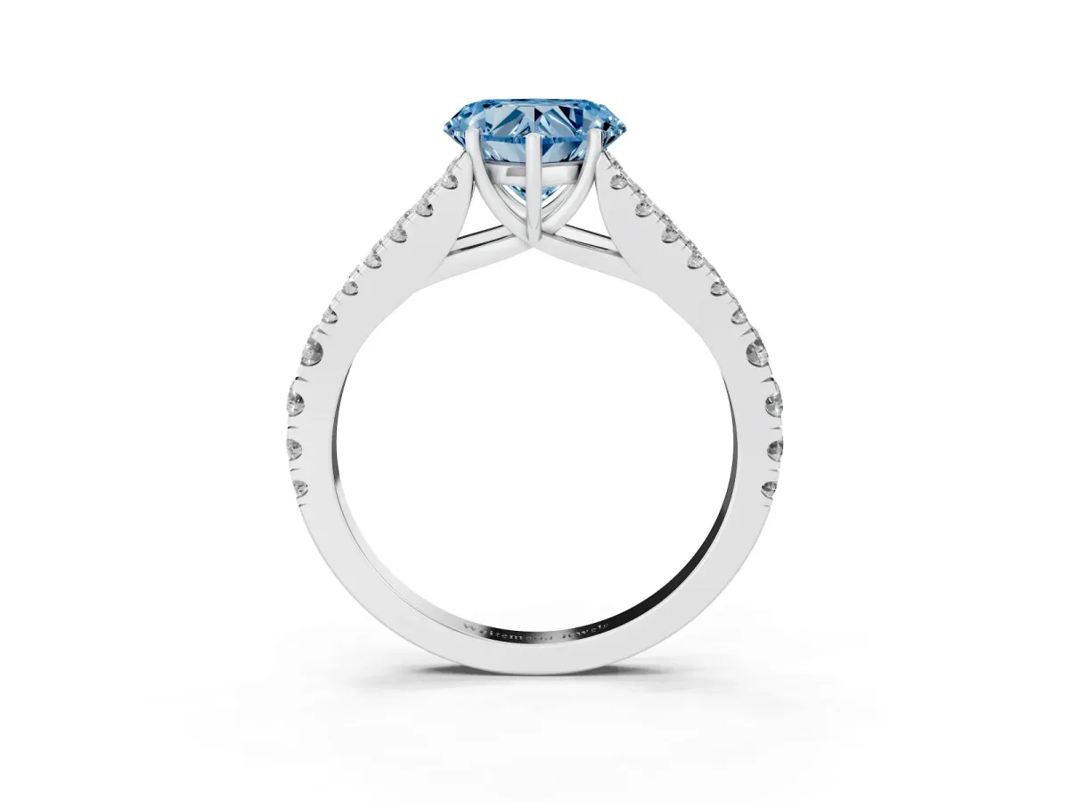 Fancy Blue Heart Cut Diamond Split Shank Engagement Ring with Round Pavé and Prong Setting Platinum