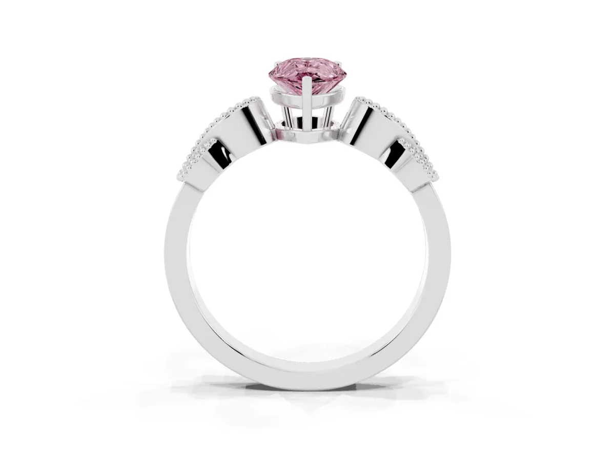 Fancy Pink Pear Cut Solitaire Milgrain Leaf Band with Prong Setting White gold