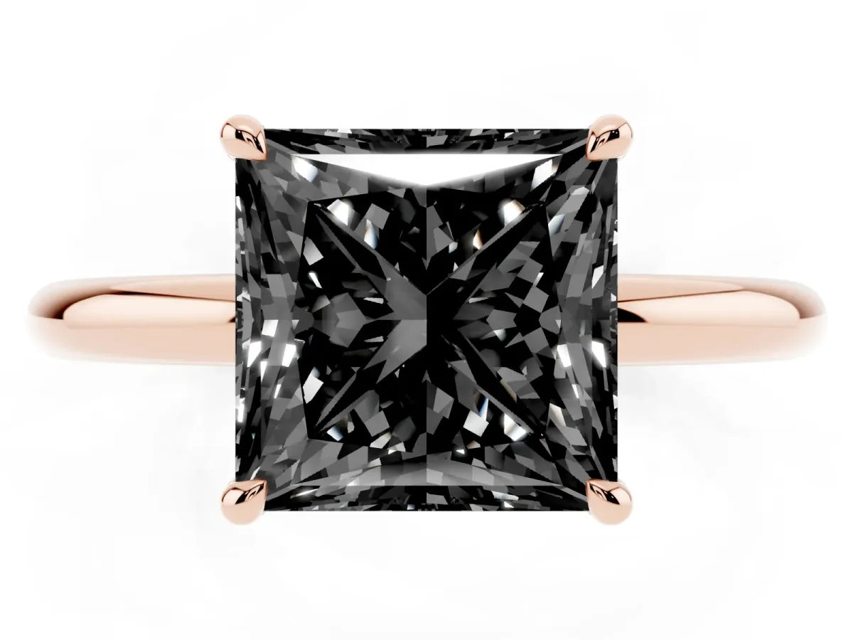 Fancy Black Princess Cut Diamond Solitaire Ring with Thin Band and Four-Prong Setting Rose gold
