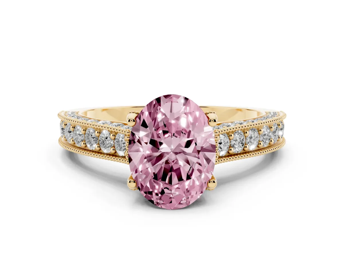 Fancy Pink Oval Cut Cut Diamond Solitaire Ring with Milgrain Pave Band and Four Prong Setting Yellow gold