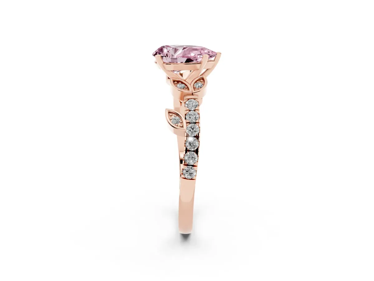 Fancy Pink Pear Cut Solitaire Leaf-Inspired Diamond Ring with Pavé Band and Four-Prong Setting Rose gold