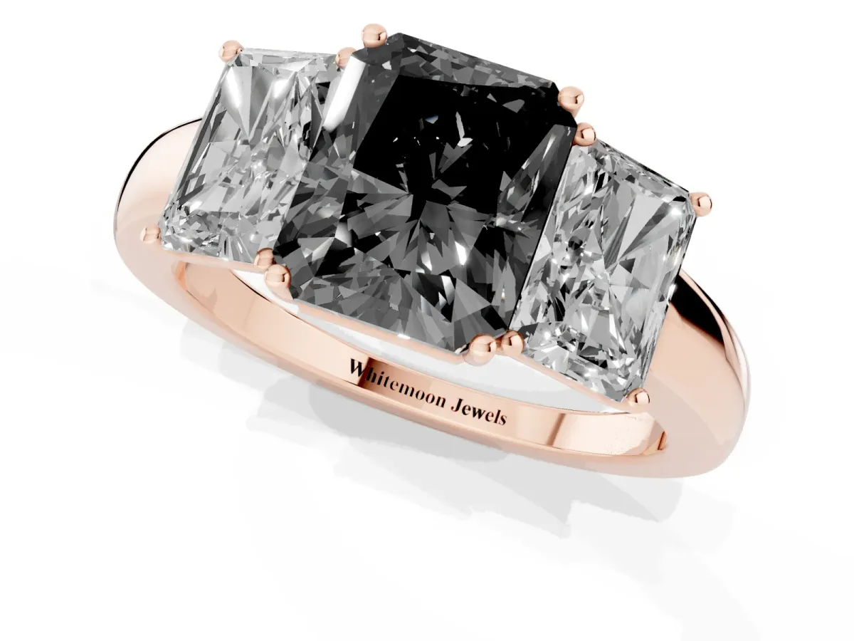 Fancy Black Radiant Cut Diamond Three-Stone Ring with Four-Prong Setting and Classic Band Rose gold