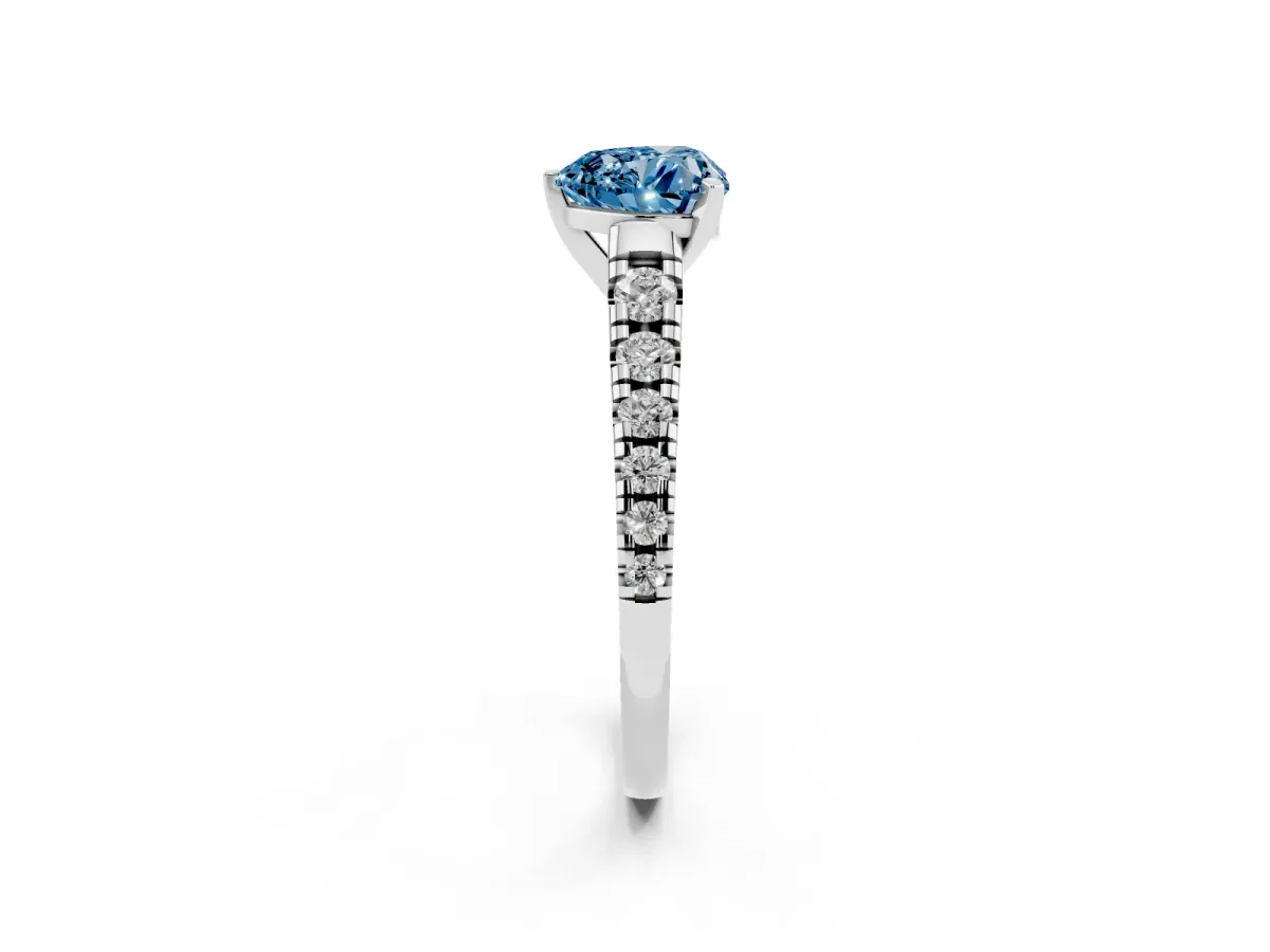 Fancy Blue Heart Cut Diamond Cathedral Solitaire Ring with Round Pavé Band Silver