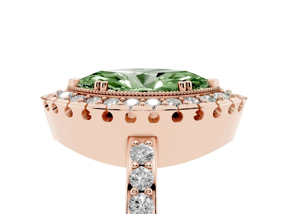 Fancy Green Marquise Cut Diamond Halo Ring with Pavé Band and Prong Setting Rose gold