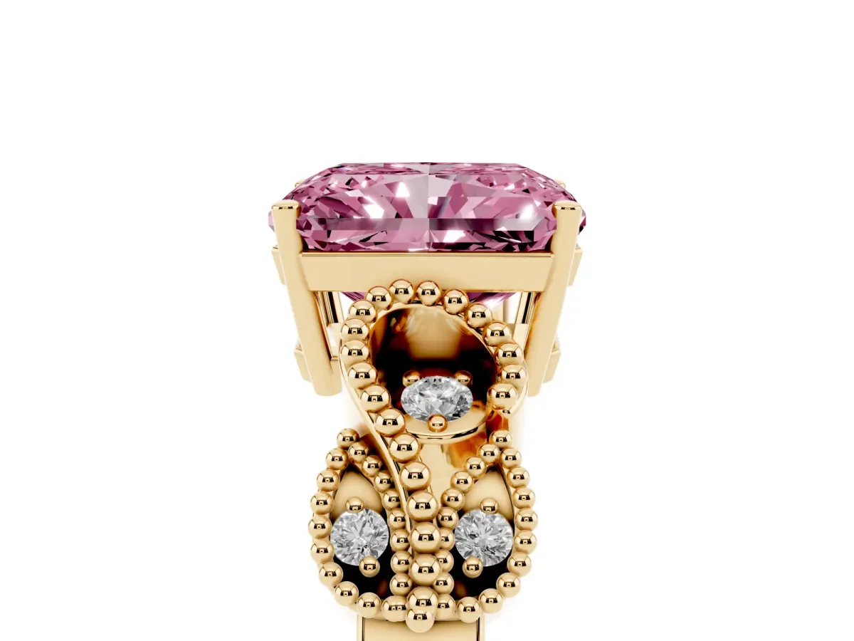 Fancy Pink Princess Cut Solitaire Milgrain Leaf Band with Prong Setting Yellow gold
