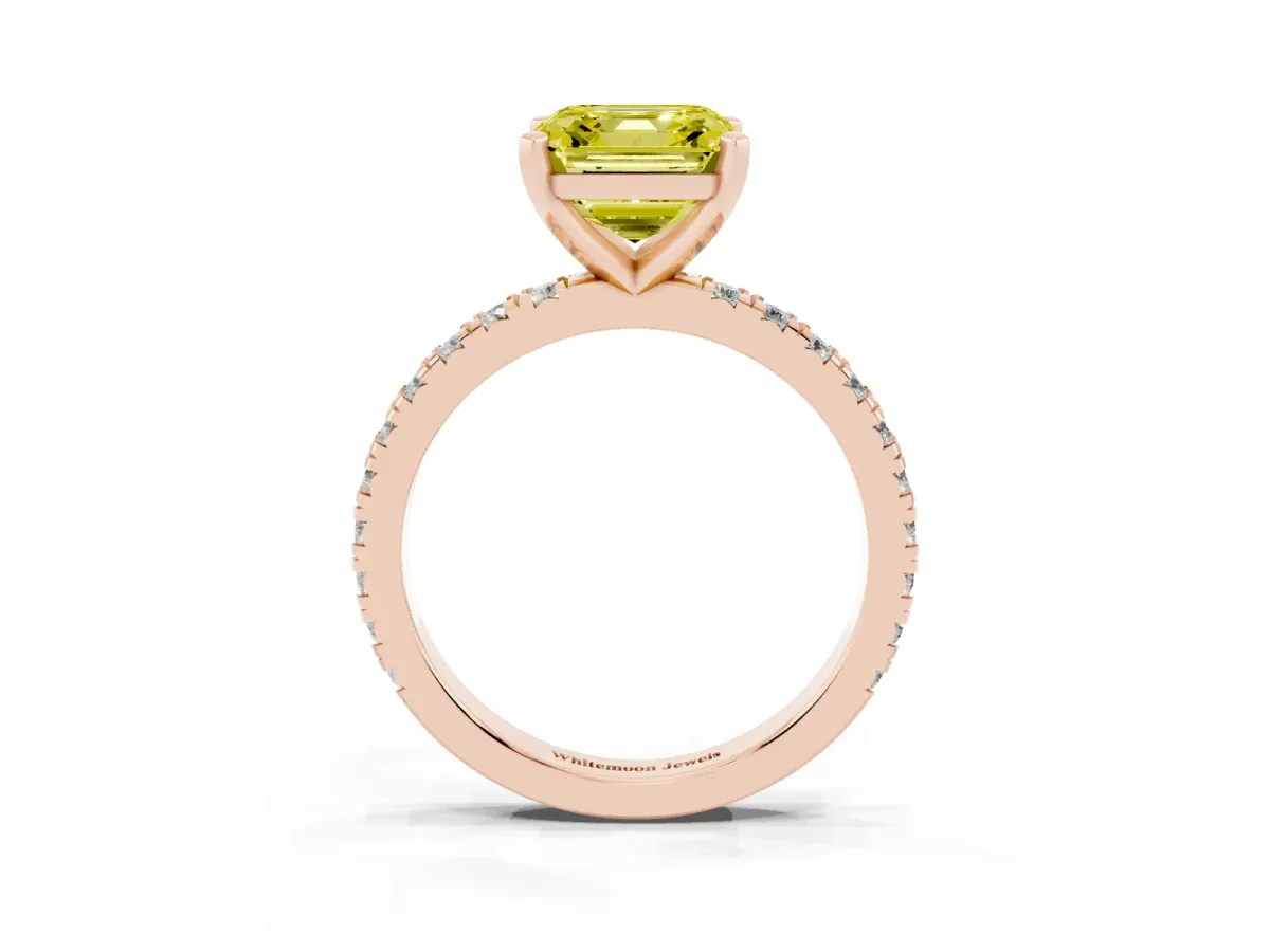 Fancy Yellow Asscher Cut Diamond Pavé Band Solitaire with Four-Prong Setting Rose gold
