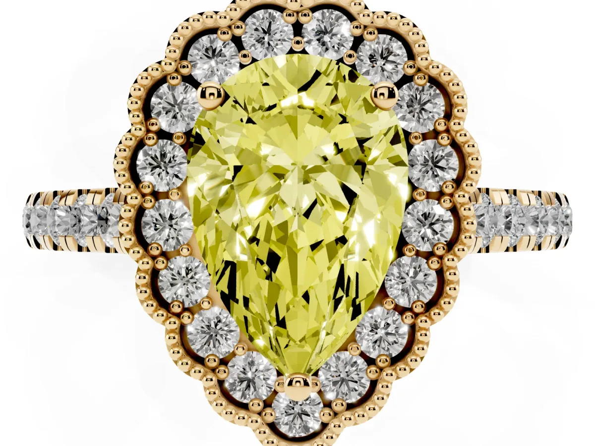 Fancy Yellow Pear Cut Cut Diamond Milgrain Floral Halo Engagement Ring with Pavé Band Yellow gold