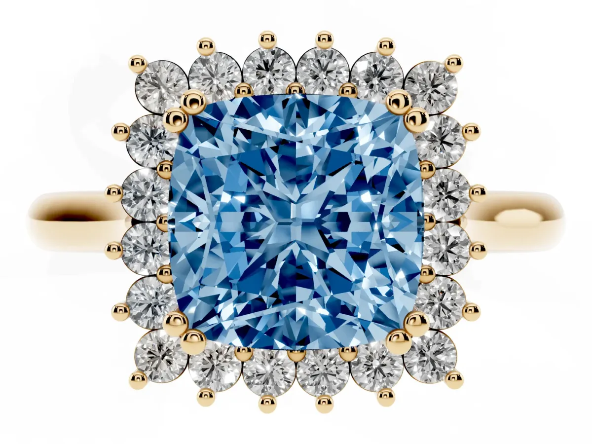 Fancy Blue Cushion Cut Cut Diamond Halo Ring with Solitaire Band and Prong Setting Yellow gold