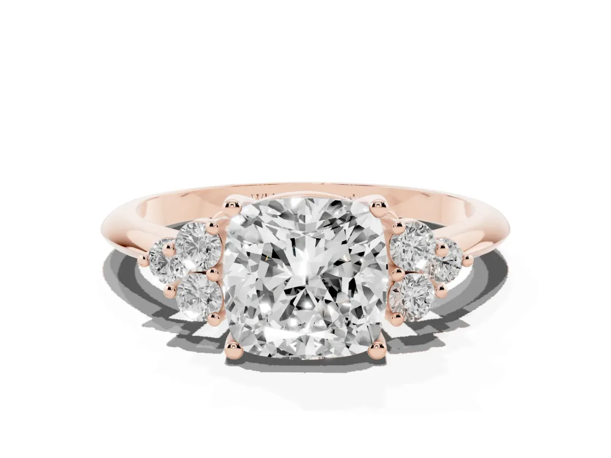 Cushion Cut Cut Diamond Cluster Ring with Solitaire Band and Four-Prong Setting Rose gold