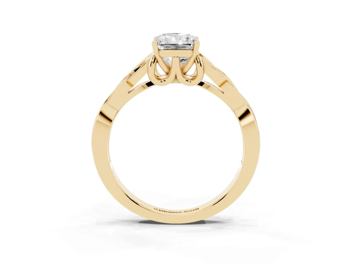 Radiant Cut Diamond Solitaire Engagement Ring with Celtic Knot Band and Four-Prong Setting Yellow gold