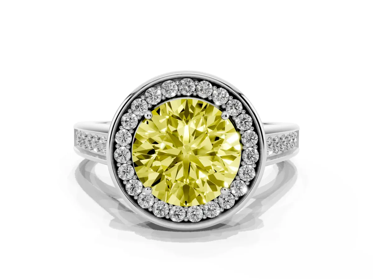 Fancy Yellow Round Cut Halo Solitaire Diamond Ring with Pave Band and Bezel Setting Silver