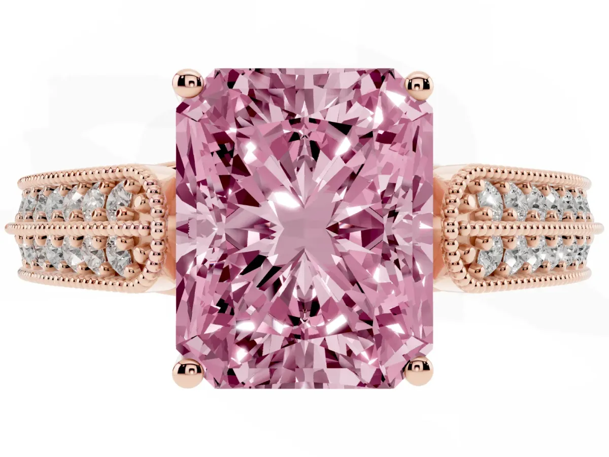 Fancy Pink Radiant Cut Cut Pave Split Shank Engagement Ring with Four-Prong Setting Rose gold