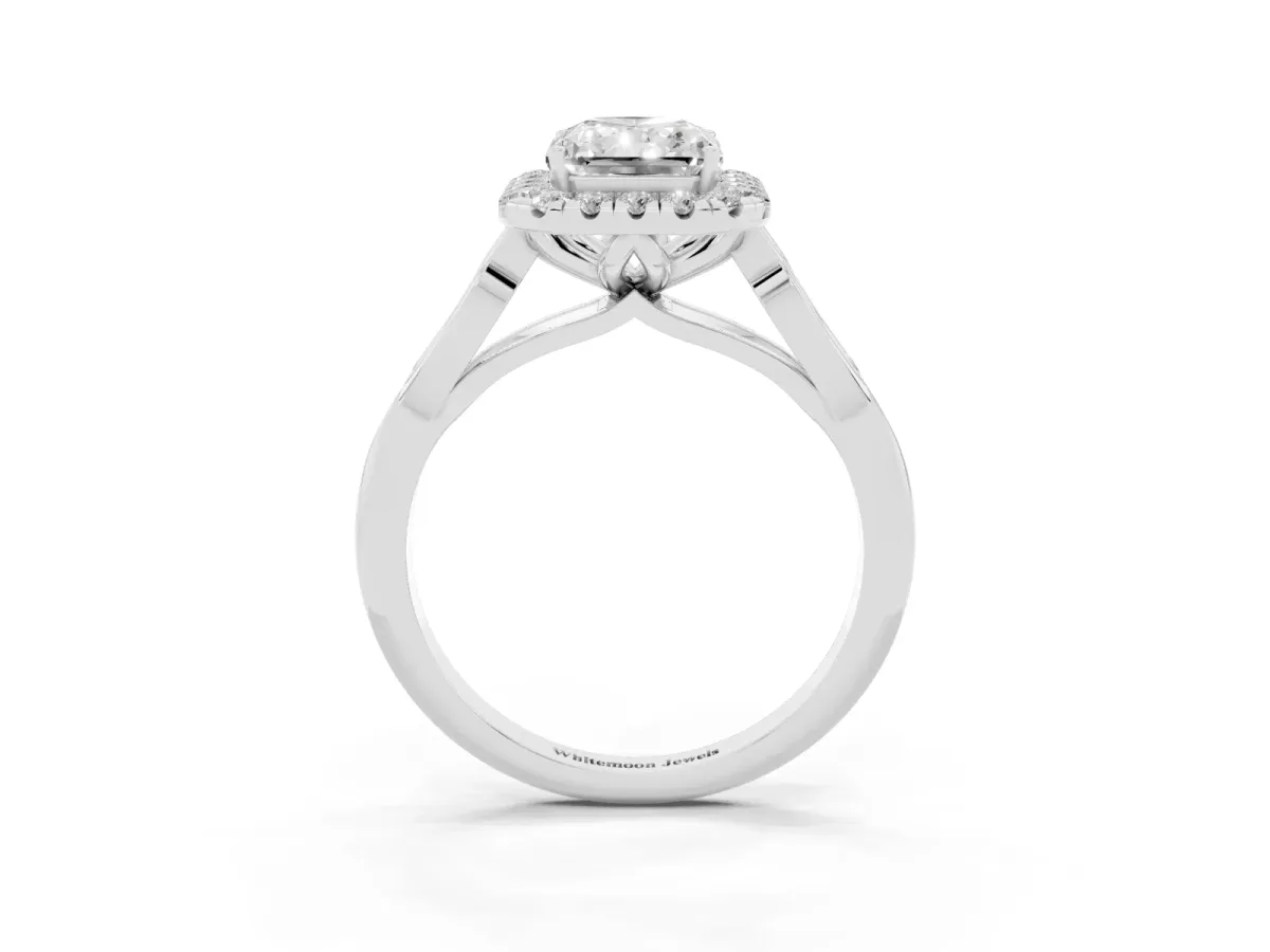 Radiant Cut Halo Diamond Engagement Ring with Filigree Band and Four-Prong Setting Silver