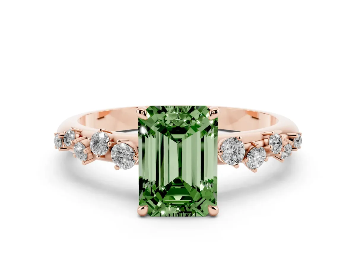 Fancy Green Emerald Cut Diamond Cluster Prong-Set Solitaire Ring Rose gold