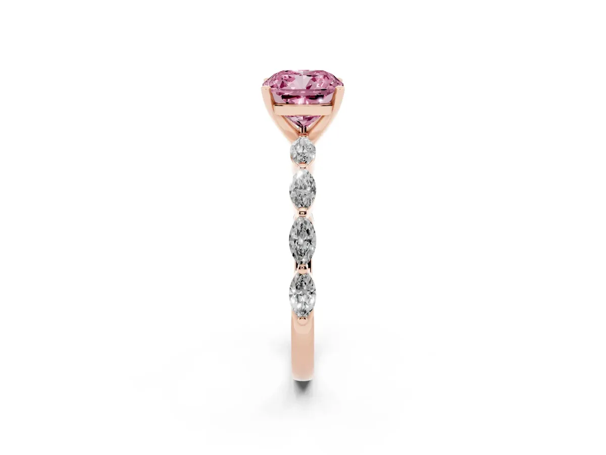 Fancy Pink Cushion Cut Diamond Ring with Marquise Side Stones and Prong Setting Rose gold