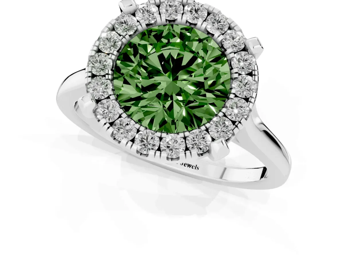 Fancy Green Round Cut Diamond Cluster Halo Solitaire with Four-Prong Setting Platinum