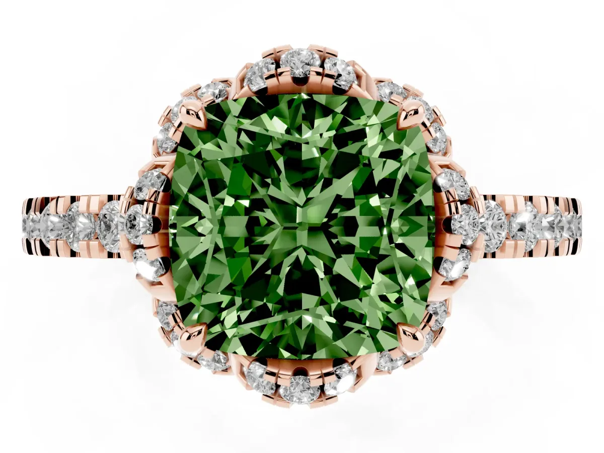 Fancy Green Cushion Cut Halo Diamond Pave Band Ring with Four-Prong Setting Rose gold