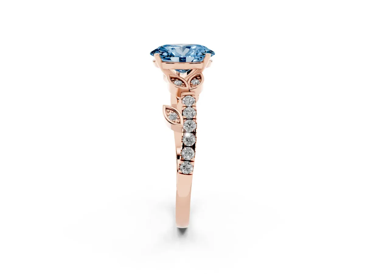 Fancy Blue Oval Cut Solitaire Leaf-Inspired Diamond Ring with Pavé Band and Four-Prong Setting Rose gold