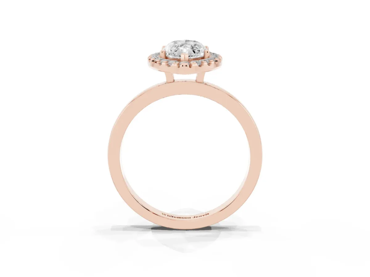 Marquise Cut Halo Diamond Solitaire with Pavé Band and Four-Prong Setting Rose gold