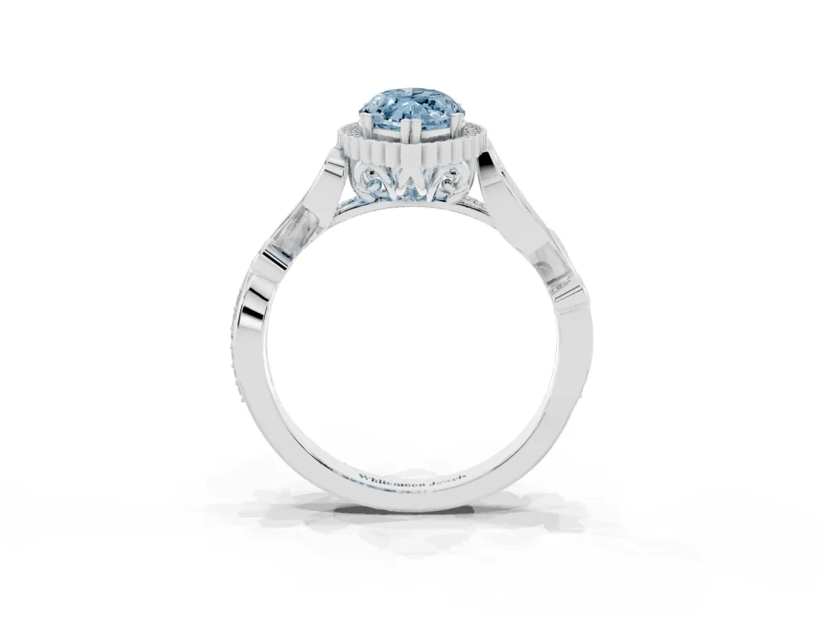 Fancy Blue Marquise Cut Diamond Halo Ring with Vintage Split Shank and Four-Prong Setting Silver