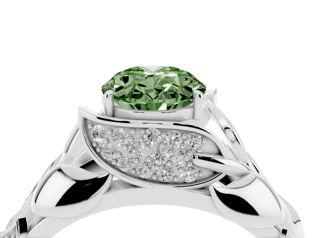 Fancy Green Oval Cut Diamond Leaf-Inspired Engagement Ring with Round Accents and Prong Setting Silver