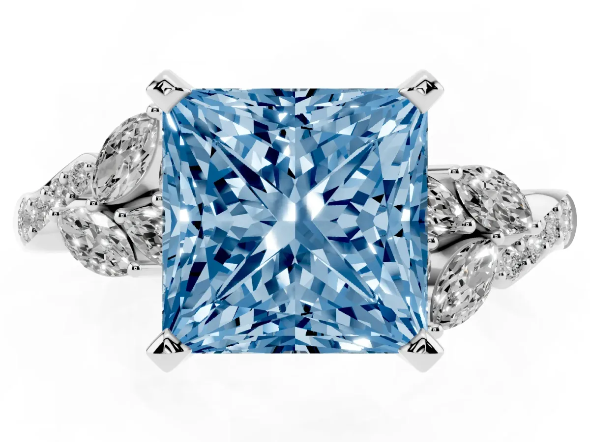 Fancy Blue Princess Cut Solitaire Marquise Twist Band with Six-Prong Setting Silver