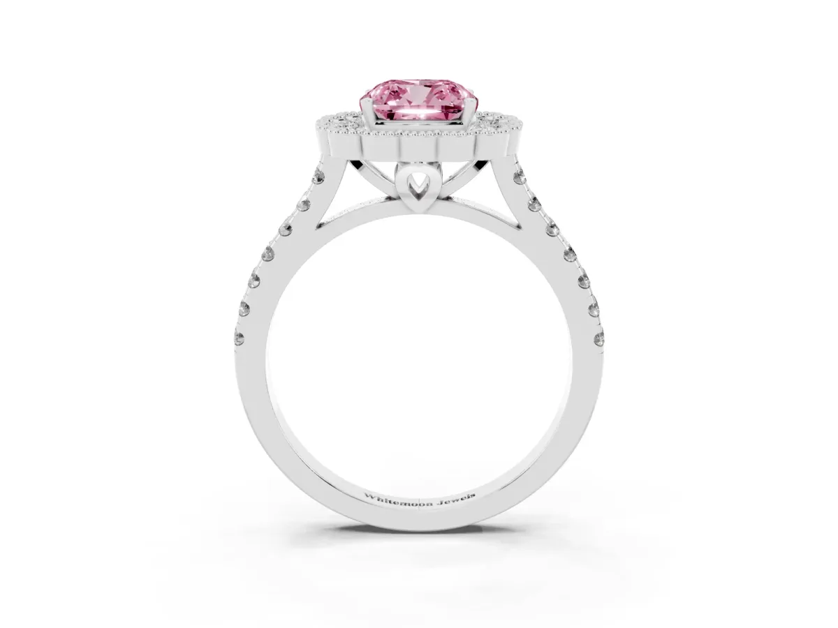 Fancy Pink Cushion Cut Cut Diamond Milgrain Floral Halo Engagement Ring with Pavé Band White gold