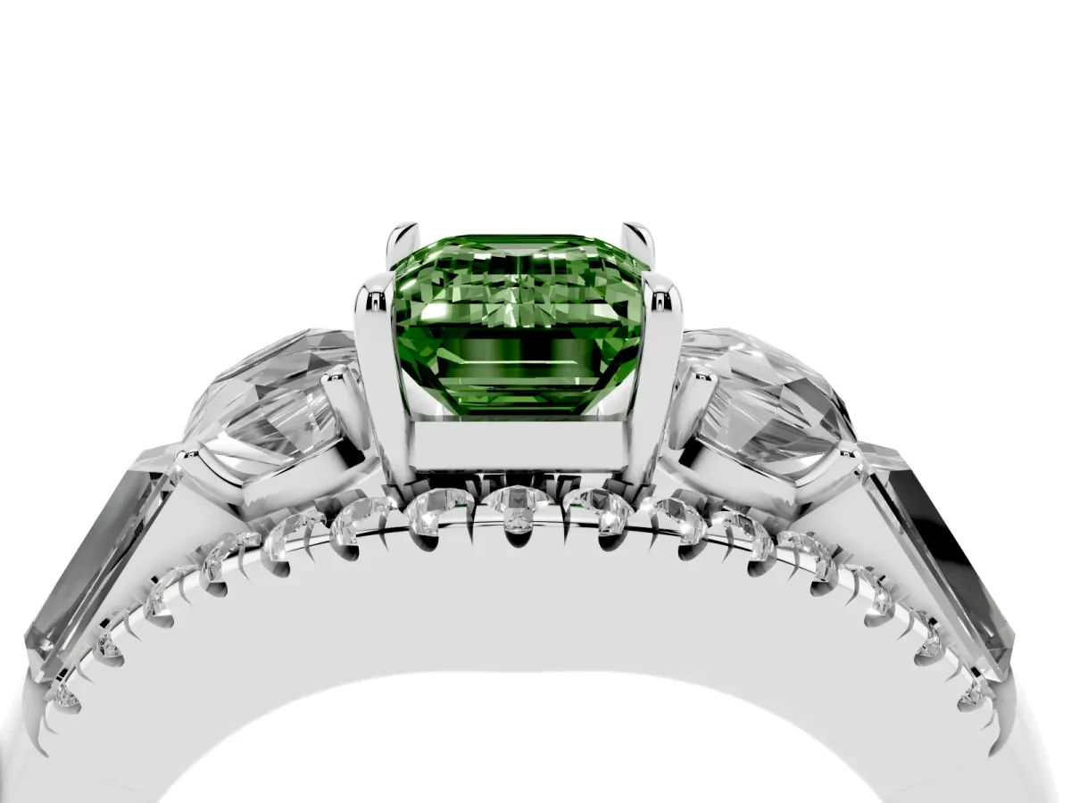 Fancy Green Three-Stone Emerald Cut Diamond Engagement Ring with Pave Band and Prong Setting Silver