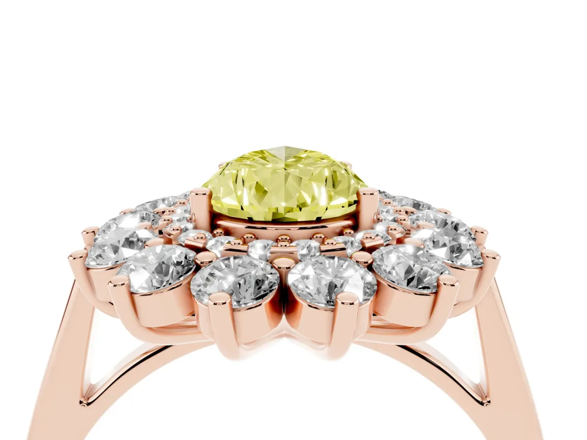Fancy Yellow Pear Cut Diamond Floral Double Halo Engagement Ring with Prong Setting Rose gold