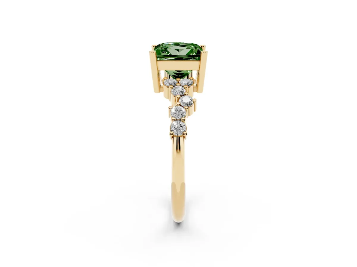 Fancy Green Princess Cut Diamond Scattered Round Accent Ring with Prong Setting Yellow gold