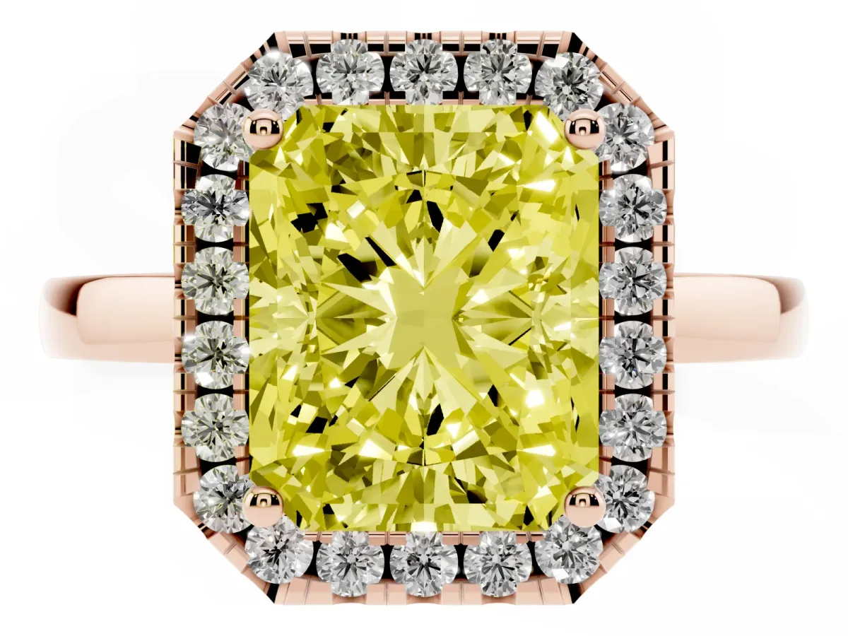 Fancy Yellow Radiant Cut Halo Diamond Solitaire with Pavé Band and Four-Prong Setting Rose gold