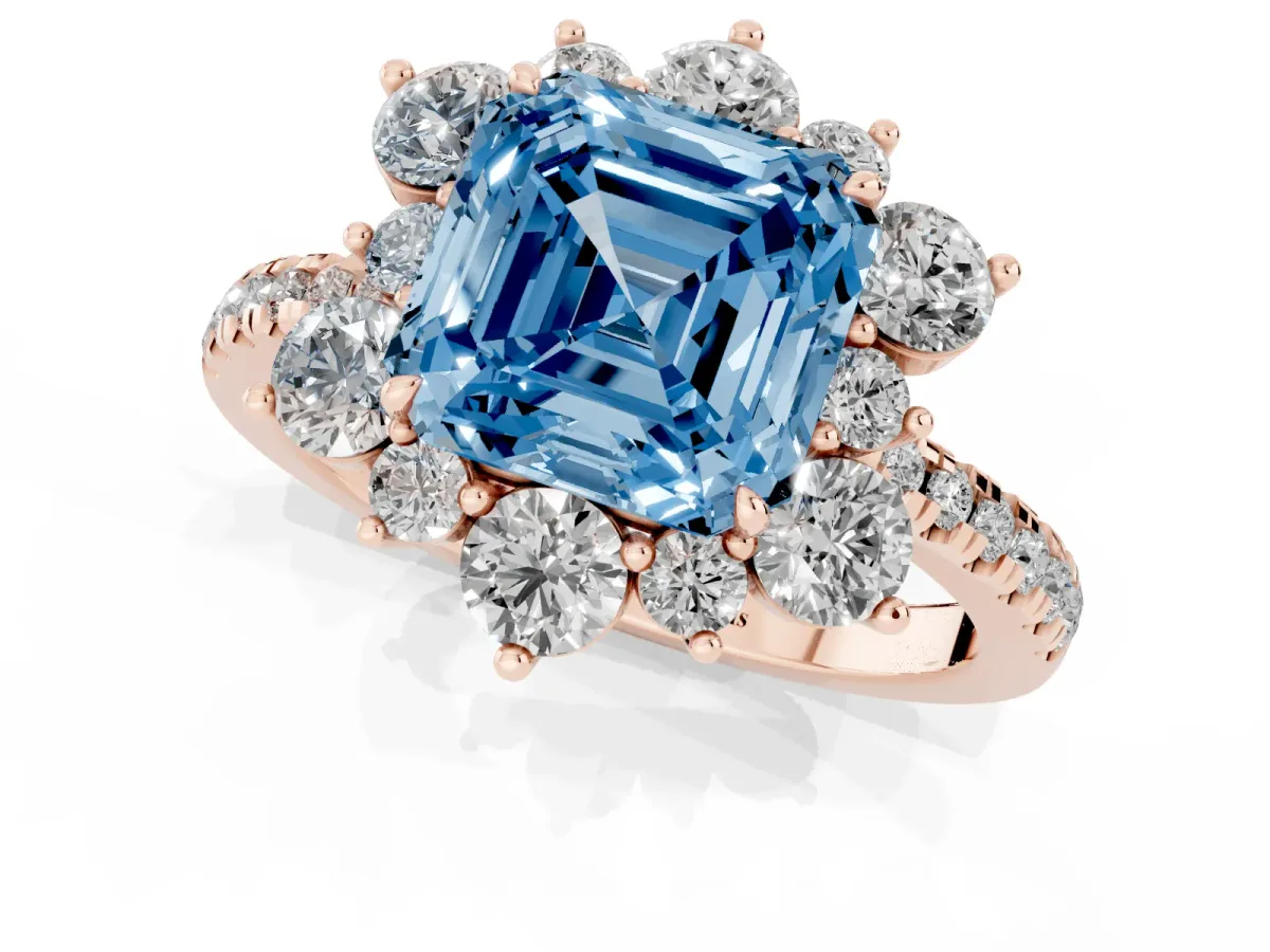 Fancy Blue Asscher Cut Diamond Floral Halo Ring with Round Pavé Band and Prong Setting Rose gold