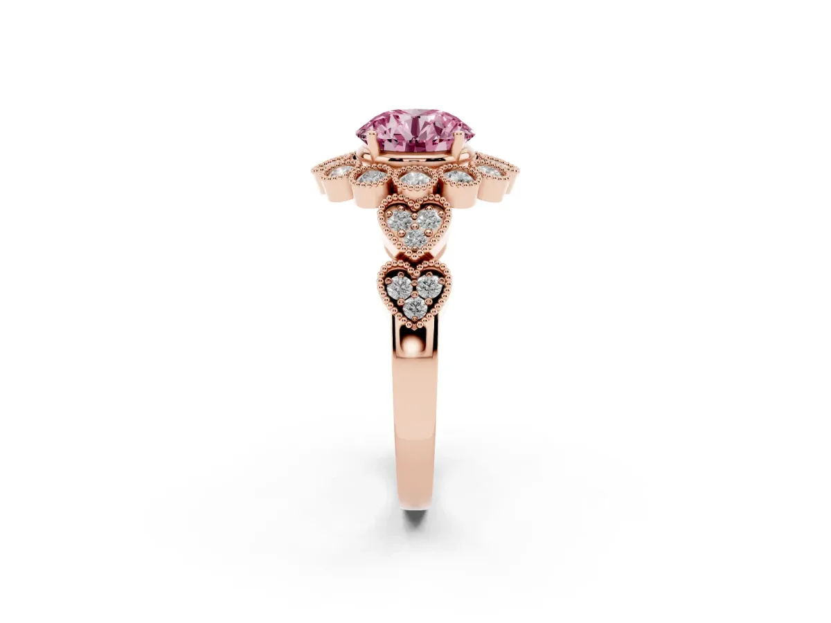 Fancy Pink Round Cut Brilliant Milgrain Pave Heart Band Solitaire Ring Rose gold