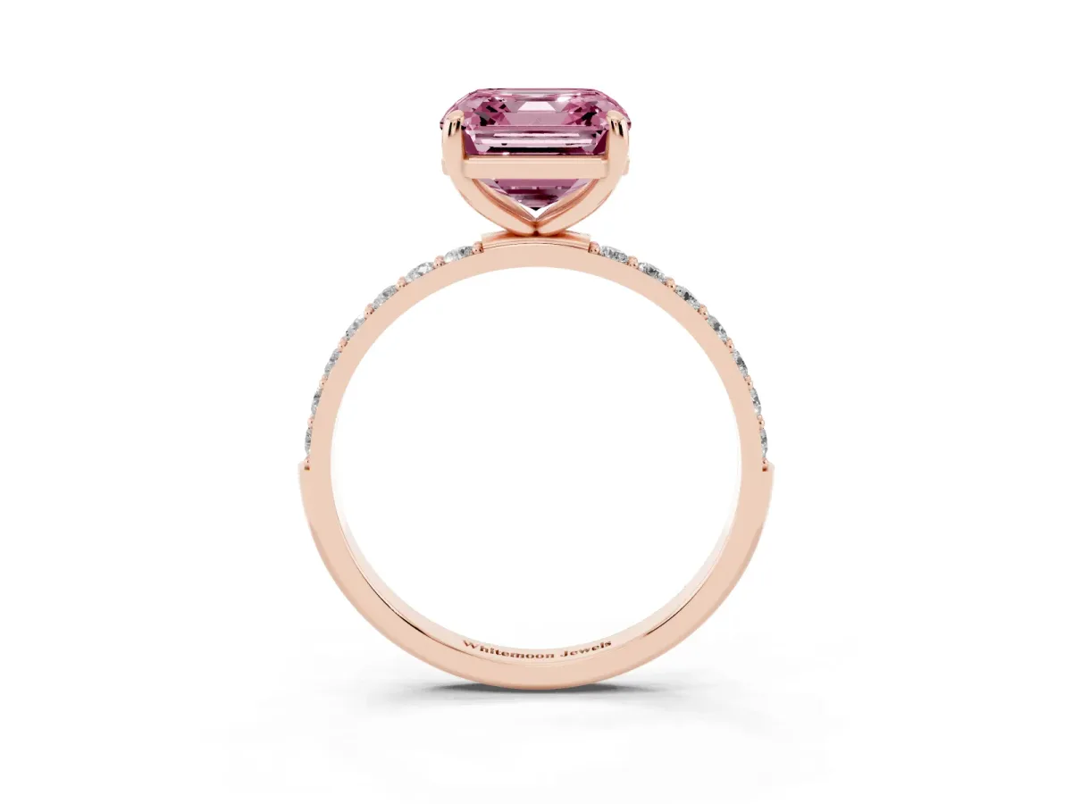 Fancy Pink Asscher Cut Diamond Solitaire Ring with Round Pavé Band and Prong Setting Rose gold