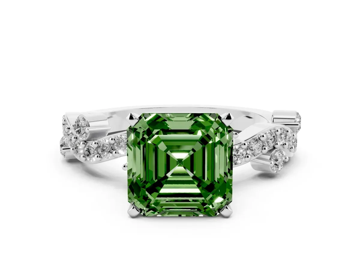 Fancy Green Asscher Cut Cut Solitaire Diamond Twisted Band with Pave Setting Silver