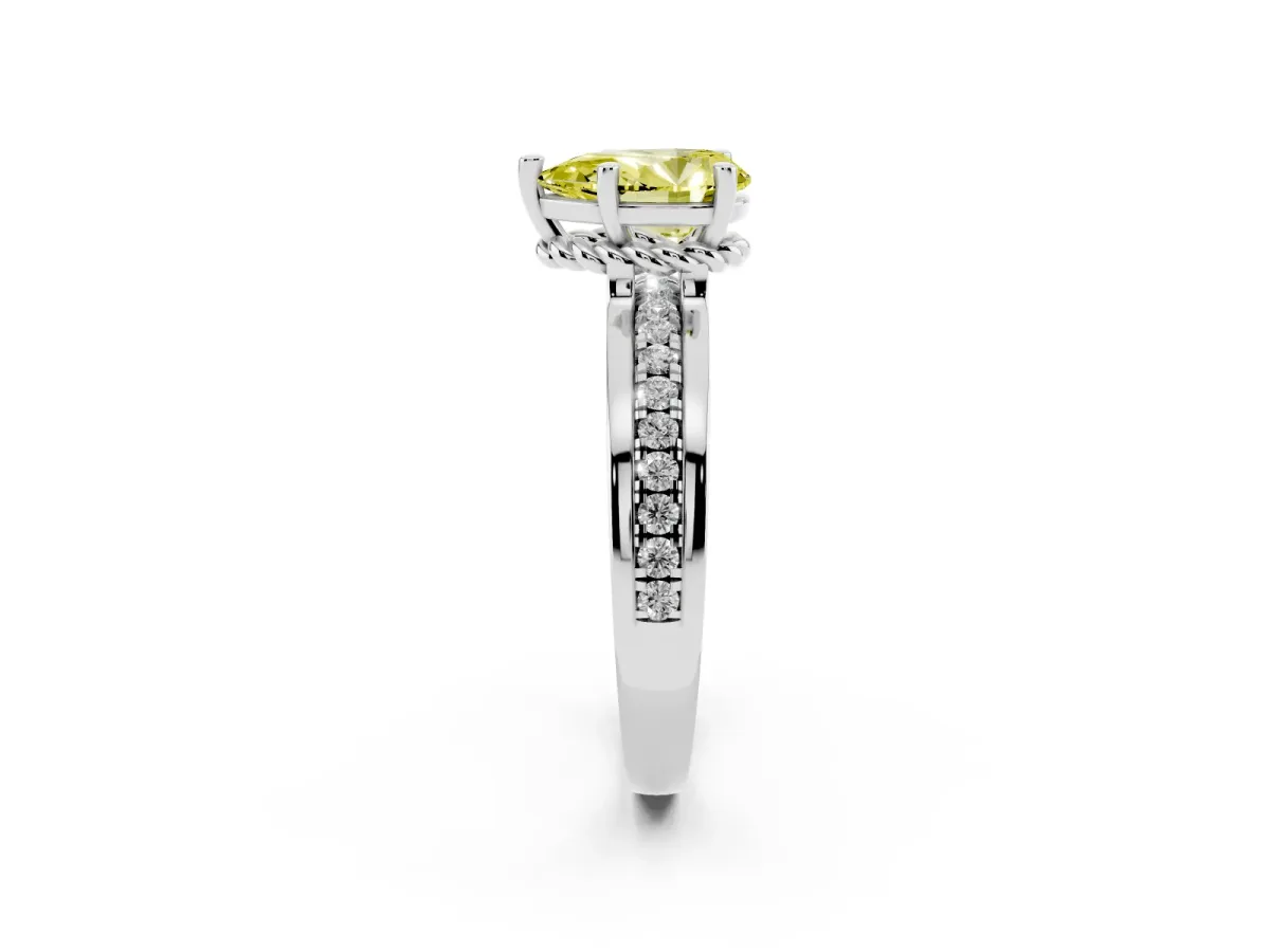 Fancy Yellow Pear Cut Solitaire Diamond Ring with Channel Set Band and Six-Prong Setting Silver