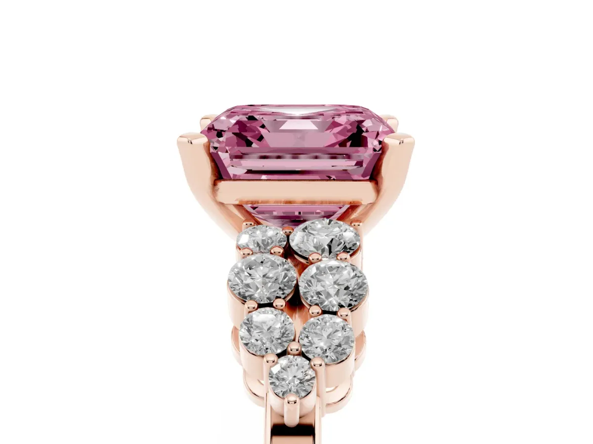 Fancy Pink Asscher Cut Cluster Diamond Engagement Ring with Pavé Band and Four-Prong Setting Rose gold